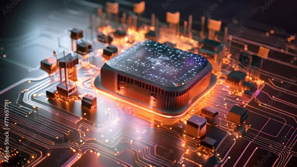 Poster circuit board with processor and microchips. 3d rendering, ai generated