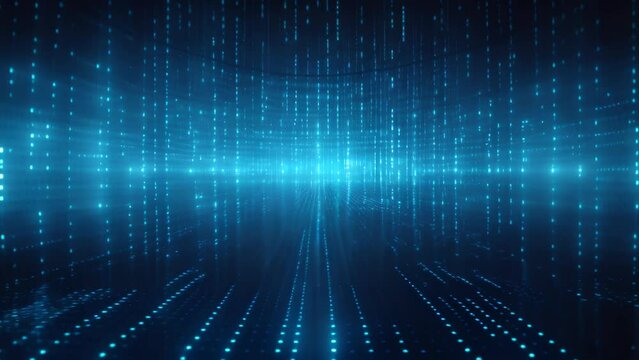 Blue matrix digital background, 3d rendering. Computer digital drawing, Big data flow with cyber blockchain on a circuit board with blue network system, AI Generated