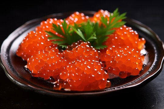 An image of fresh Salmon roe on the traditional plate with ice underneath