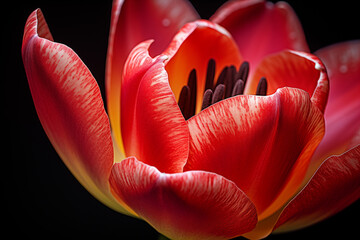 Close up of tulip flower pistil under macro lens. Macro photography