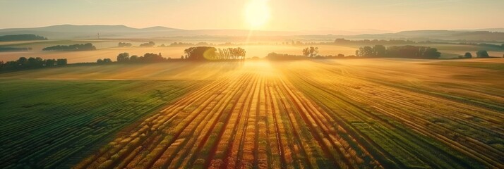 Bird's eye view of agricultural cultivated seeded fields, farmland in the rays of the rising sun, banner - obrazy, fototapety, plakaty