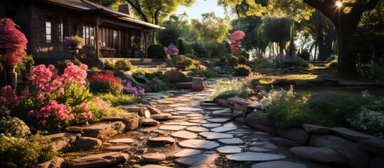 A stone garden path winds through the home's backyard