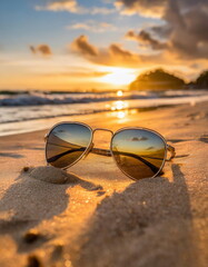Fototapeta na wymiar Sunglasses on sand on the beash, hot summer vacation time