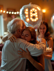 Fototapeta premium Intimate 18th birthday scene with a heartfelt family embrace, warm room illumination, soft-focus 