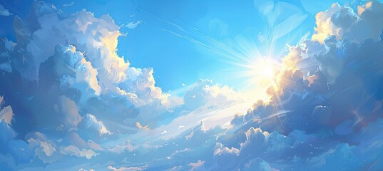 the sun is shining in the blue sky with clouds - obrazy, fototapety, plakaty