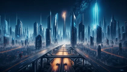 Fotobehang City of Tomorrow: Futuristic Metropolis with Illuminated Highway © Only 4K Ultra HD