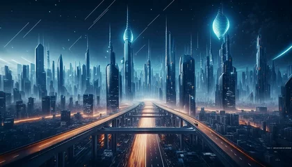 Fotobehang City of Tomorrow: Futuristic Metropolis with Illuminated Highway © Only 4K Ultra HD