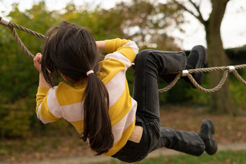 Little girl having fun on a rope swing in the park in autumn