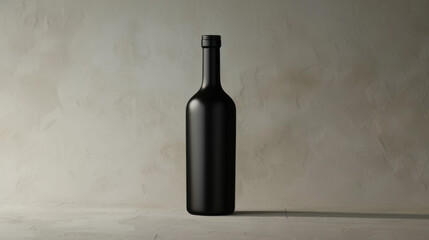 A solitary dark wine bottle stands against a light gray background.