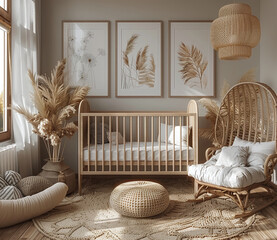 Cozy nursery room with crib, wicker chair, and natural decor.