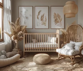 Fotobehang Cozy nursery room with crib, wicker chair, and natural decor. © Gayan