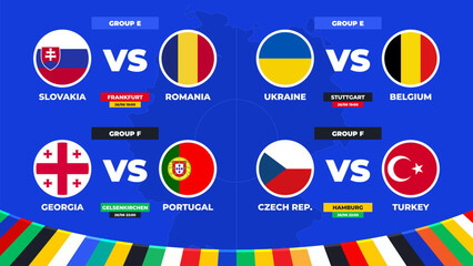 Match schedule. Group E and F matches of the European football tournament in Germany 2024! Group stage of European soccer competition Vector illustration. 