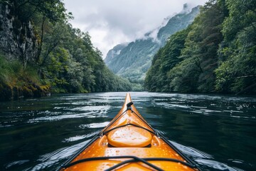 First person perspective kayaking in calm waters through green, rugged valley under overcast sky - obrazy, fototapety, plakaty