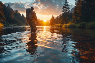 Man wading through a serene river against the backdrop of sunset and dense trees - obrazy, fototapety, plakaty