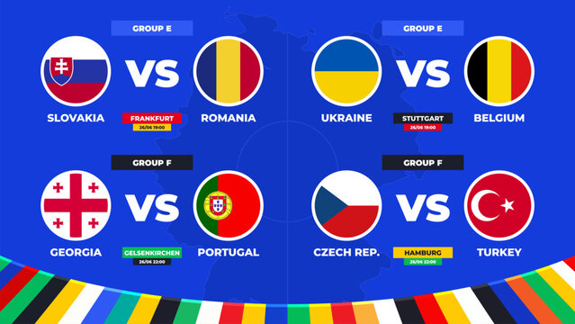 Fototapeta Match schedule. Group E and F matches of the European football tournament in Germany 2024! Group stage of European soccer competition Vector illustration. 