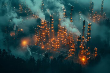 The misty aerial shot captures a sprawling industrial complex, evoking the scale and impact of industry on the environment