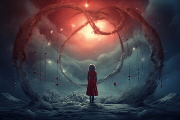 Child Looking at Cosmic Swirls and Floating Lanterns in a Mystical Sky - obrazy, fototapety, plakaty