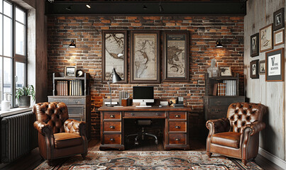 Vintage home office interior with leather chairs, wooden desk, and brick wall adorned with frames.