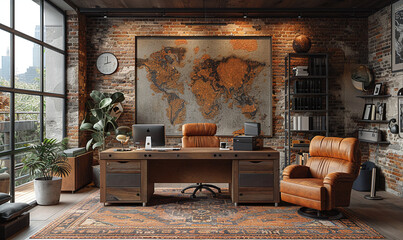 Stylish home office with vintage world map, leather furniture, and industrial brick wall. - obrazy, fototapety, plakaty