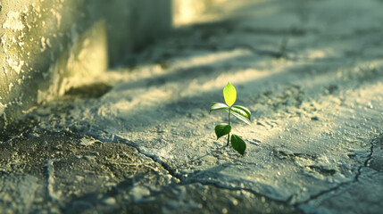 A young plant sprouting through a crack in a textured concrete surface bathed in sunlight.