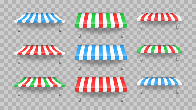 Awning umbrella for the market, striped summer scallop for shop vector illustration. Sunshade for restaurant. Outdoor striped awning canopy for cafe and shop window of different forms