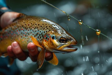 An angler holds a freshly caught trout in a close-up shot, showcasing the detail and beauty of the...