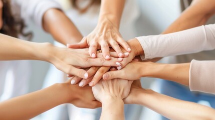 individuals stacking their hands together in a unified gesture of teamwork