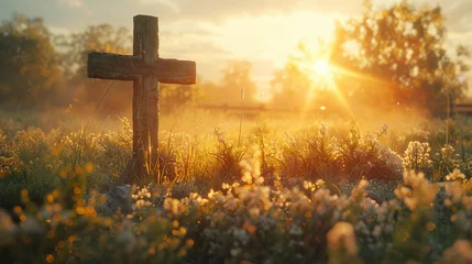 Rolgordijnen The scene of a Bible and a wooden cross in a quaint countryside setting the golden hour sunlight enhancing the pastoral charm © MIA Studio