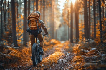 An active individual mountain biking in a forest with a captivating atmosphere created by the sunlight