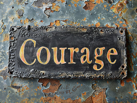 The word "Courage" boldly chalked on a chalkboard set atop a vintage
