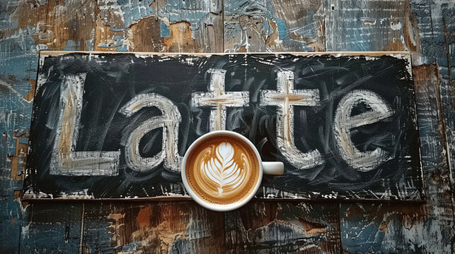 The word "Latte" artfully chalked in a creamy script mimicking latte art