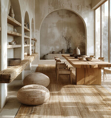 Modern rustic kitchen interior with natural wood furniture and wicker accents under soft daylight.