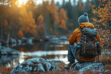 A lone traveler sitting on a rock, overlooking a tranquil lake surrounded by the warm hues of fall foliage in a peaceful natural setting