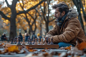 A concentrated person engages in a thoughtful game of chess surrounded by the beauty of autumn foliage - obrazy, fototapety, plakaty