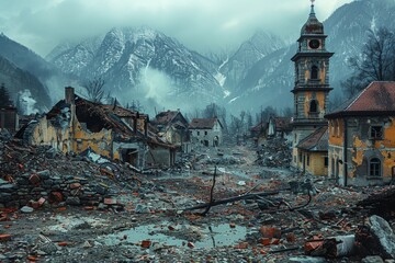 The Stark Contrast of Destruction and Serene Mountains - obrazy, fototapety, plakaty