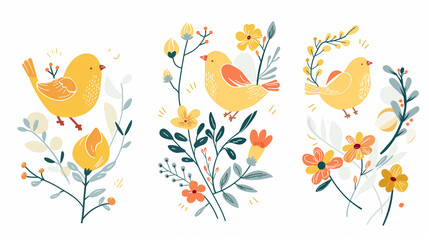 Pássaro amarelo e flores da primavera - Ilustração fofa - obrazy, fototapety, plakaty