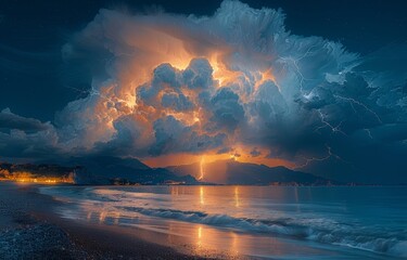 Lightning Illuminating the Night Sky Over a Calm Beach. - obrazy, fototapety, plakaty