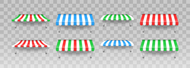 Awning umbrella for the market, striped summer scallop for shop vector illustration. Sunshade for restaurant. Outdoor striped awning canopy for cafe and shop window of different forms - obrazy, fototapety, plakaty