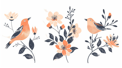 Pássaro laranja e flores da primavera - Ilustração fofa