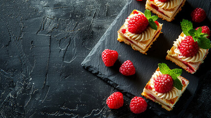 Gourmet Raspberry Sweet Dessert on Dark Textured Background. Copy space