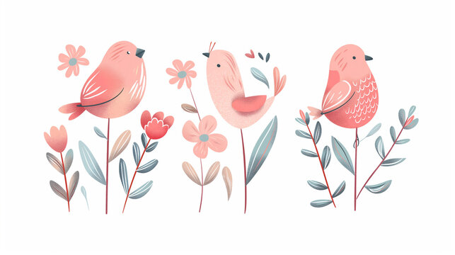Pássaro rosa e flores da primavera - Ilustração fofa