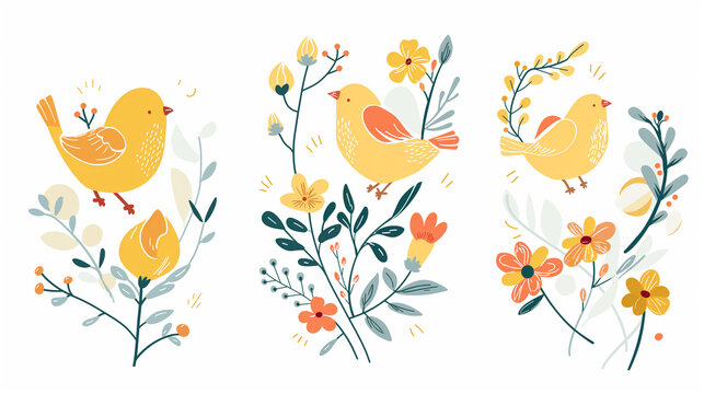 Pássaro amarelo e flores da primavera - Ilustração fofa