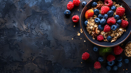 Healthy Vegetarian Organic Breakfast Bowl with cereals and Berries. Copy Space