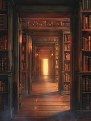 A series of doors in various styles opening into worlds made of book genres, on a hallway light background, infinite adventures in reading. - obrazy, fototapety, plakaty