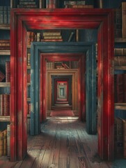 Fototapeta premium Discover diverse worlds within different book genres through a series of uniquely styled doors on a luminous hallway, endless reading adventures await.
