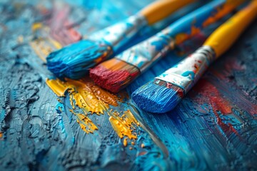 Fototapeta premium A close-up shot of paintbrushes coated in bright blue and orange paint