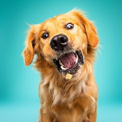 
Beautiful golden retriever dog isolated on turquoise background. looking at camera . front view. dog studio portrait.happy dog .dog isolated .puppy isolated .puppy closeup face,indoors.turquoise bac