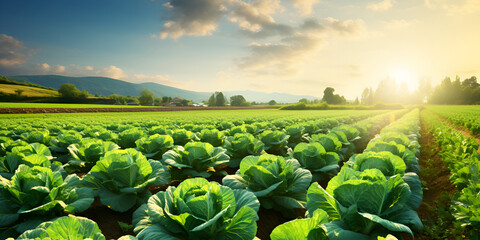 Organic cabbage thrives in the field of the farm, nurtured by natural methods - obrazy, fototapety, plakaty