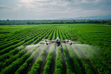 The drone sprays the plants in the field