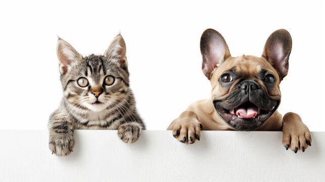 A cat and a dog peer over a ledge, with wide eyes and tongues out, in a display of adorable curiosity.